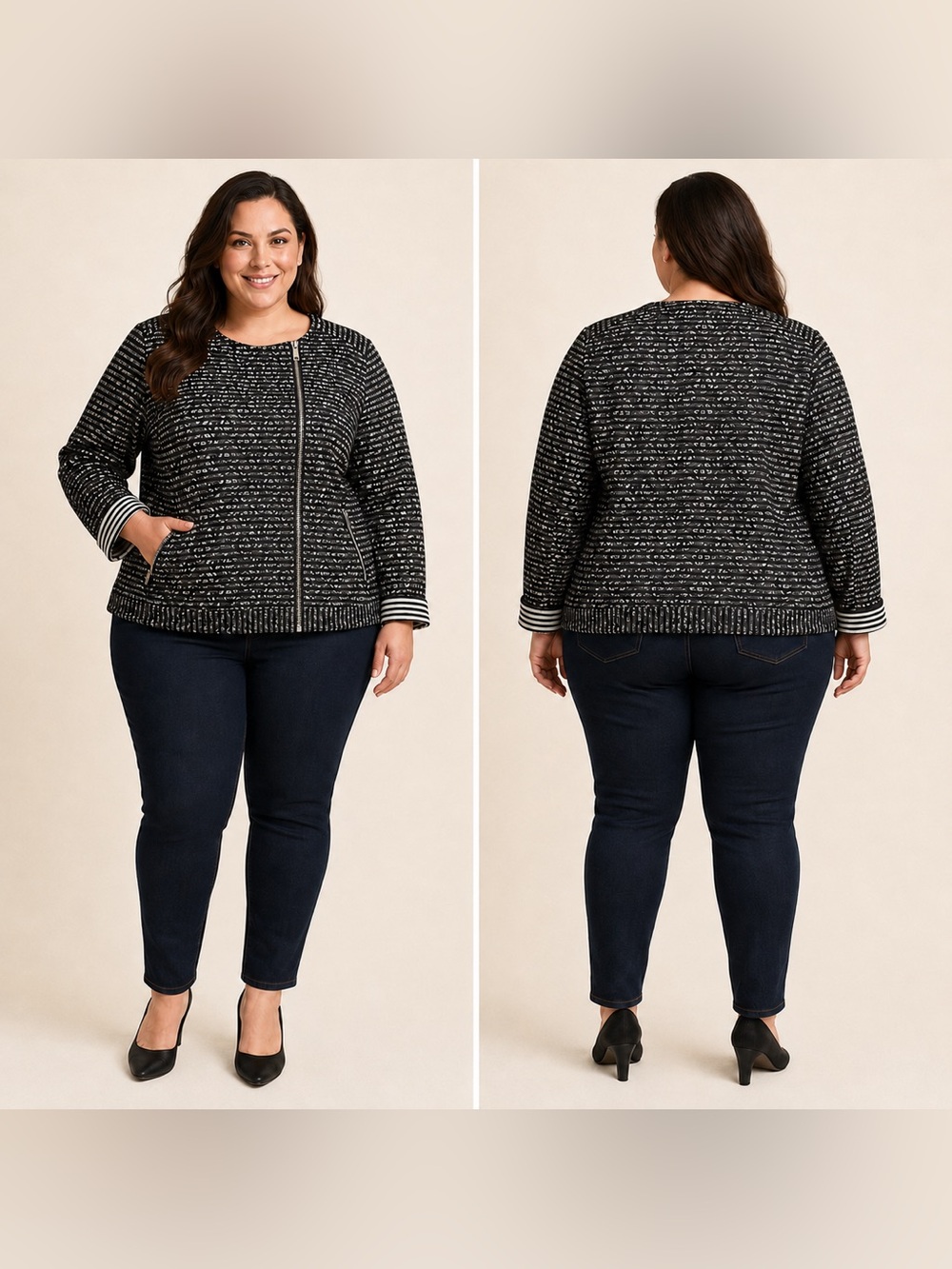 The Limited Black & Cream Textured Zip-Front Statement Jacket, size 2X